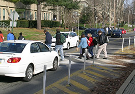 people in crosswalk with stopped cars