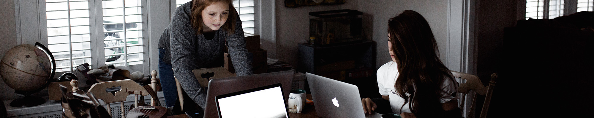 two people working at desk in a home